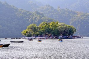lake, boats, island, nature, people, tourists, water, temple, religion, mountains, travel, tourism, phewa lake, pokhara, nepal, asia