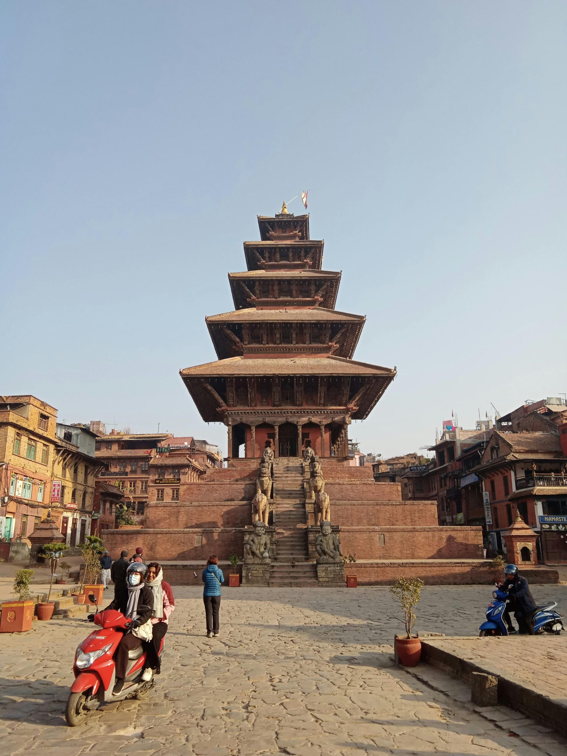 View of the iconic Nyatapola Temple in Bhaktapur, Nepal on a sunny day.